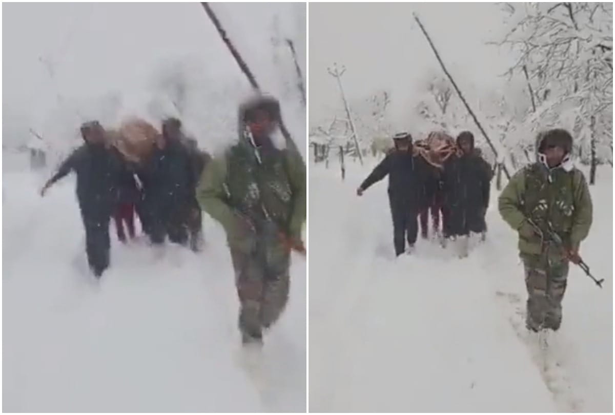 indian army bravery A pregnant woman was taken to hospital on foot amidst heavy snowfall snow cutter removes frozen snow in Kulgam