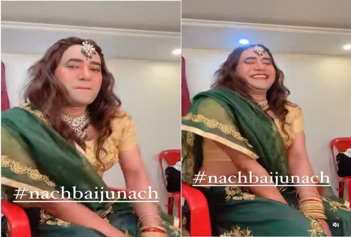 bhojpuri star nirhua aka dinesh lal yadav new funny video wearing saree lipstick bindi