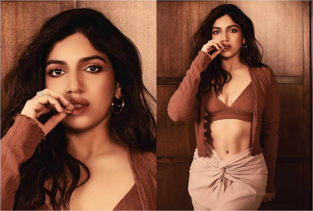 bhumi pednekar show toned abs in brown bra top