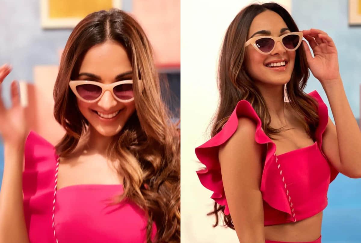 kiara advani chic look in pretty pink with cute smile