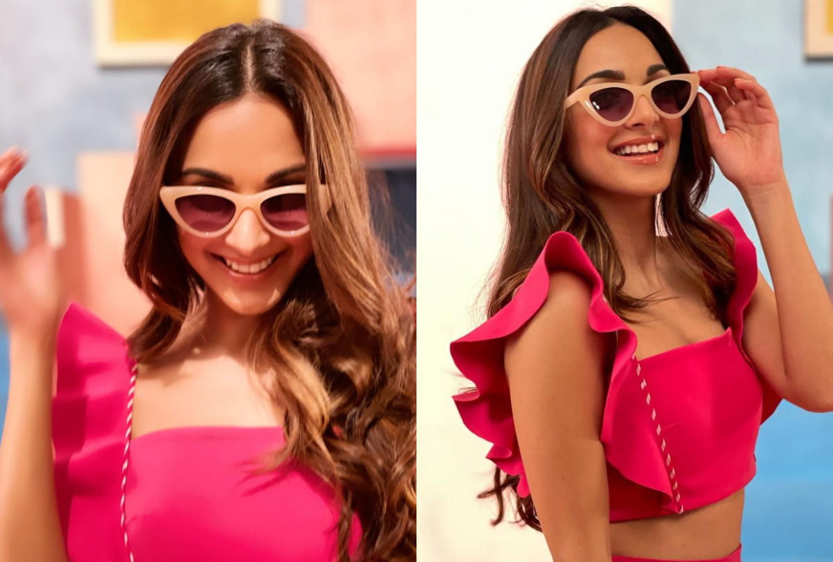 kiara advani chic look in pretty pink with cute smile