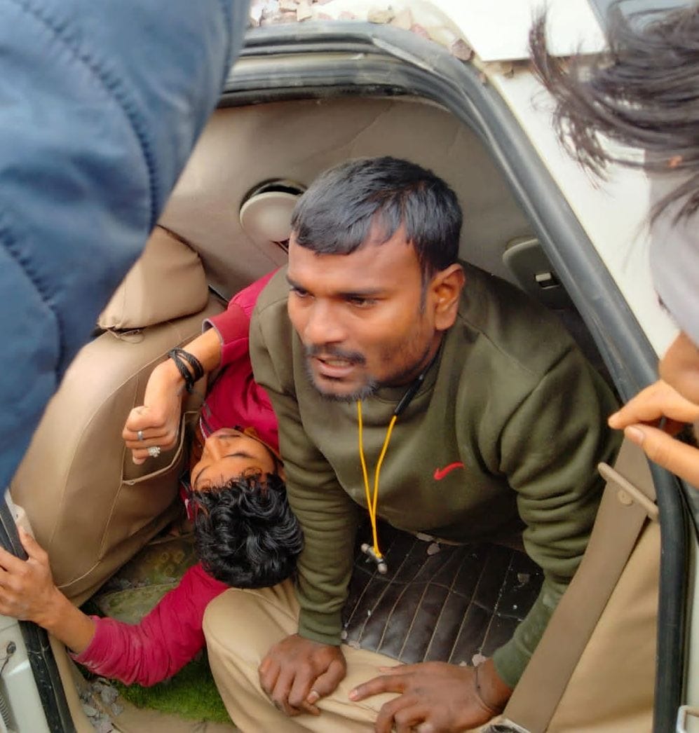 Ballast laden dumper overturns on two cars, seven injured