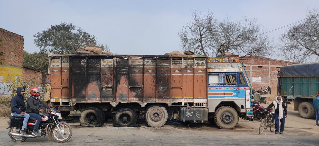 Rice laden truck caught fire