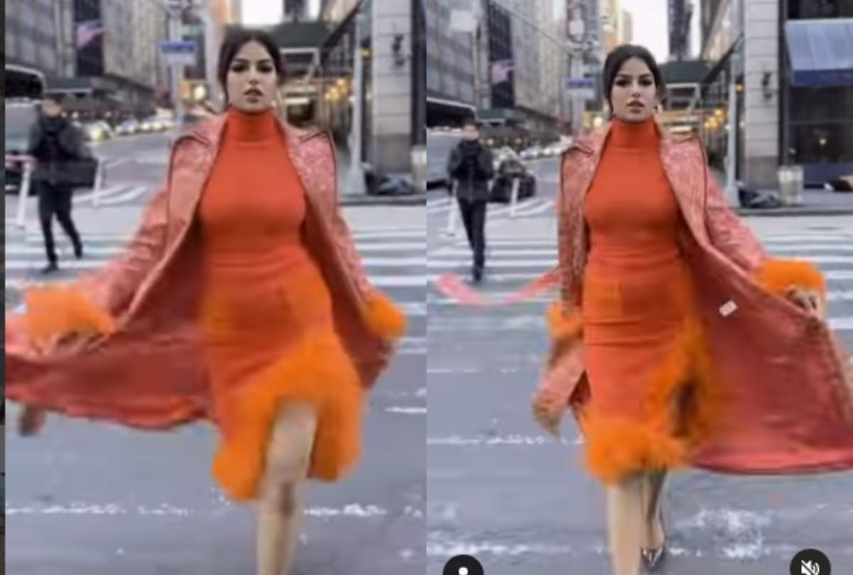 miss universe harnaaz sandhu orange bodycon dress in new york