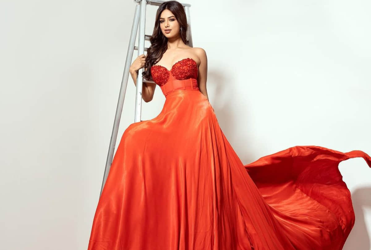 miss universe harnaaz sandhu orange bodycon dress in new york