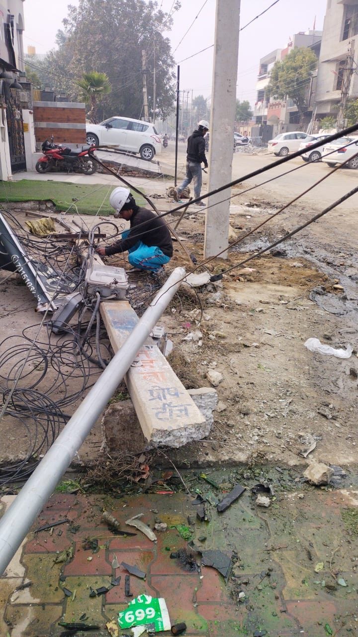 In Sector 11, the pole fell due to the collision of the car, power failure