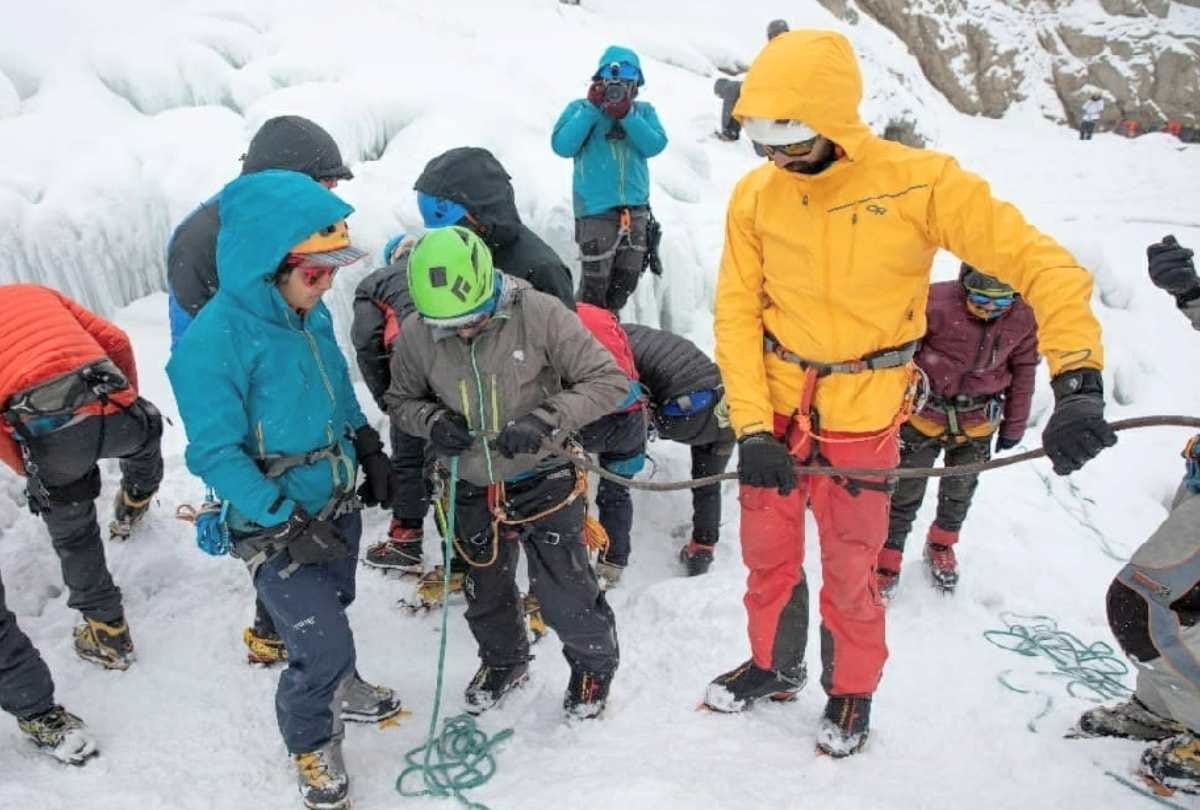 Ice climbing training: Youth learning the tricks of climbing the snow mountain in Lahaul