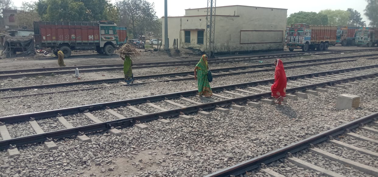 Crossing the railway track keeping life on the palm