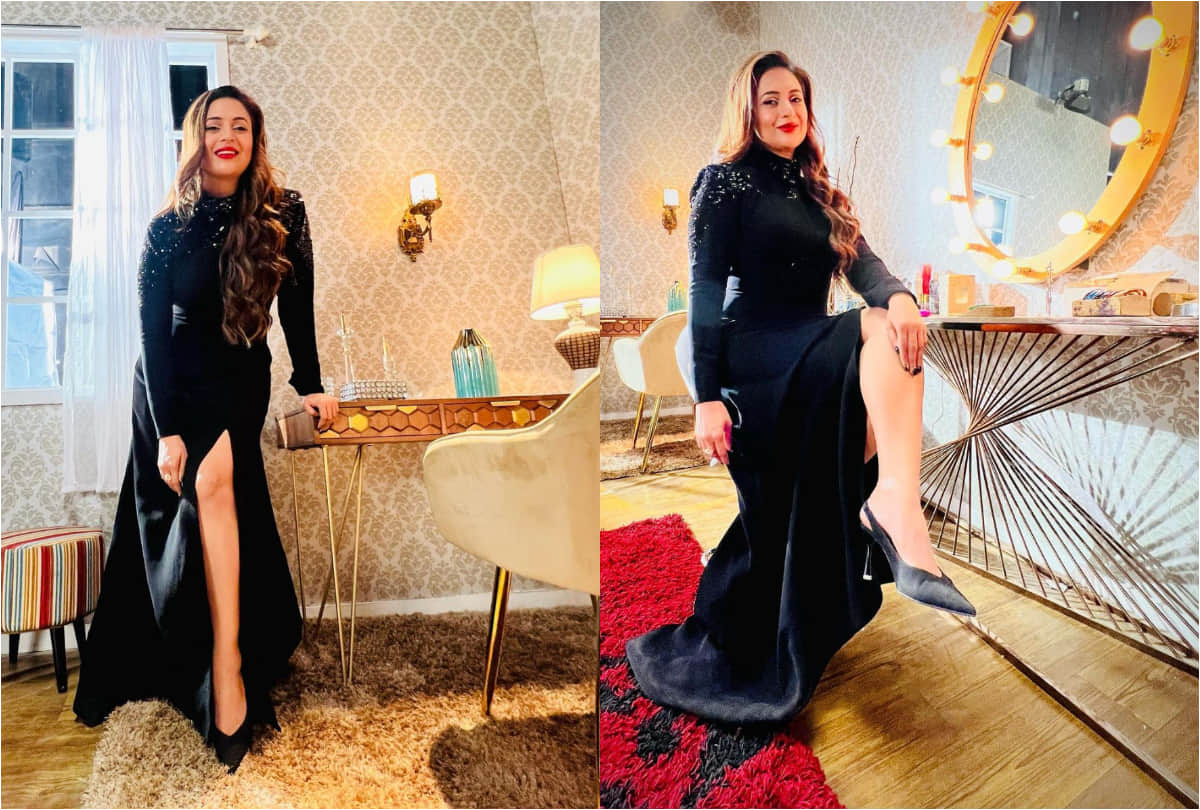 divyanka tripathi become glamorous wear black thigh high slit dress groove on trendy song