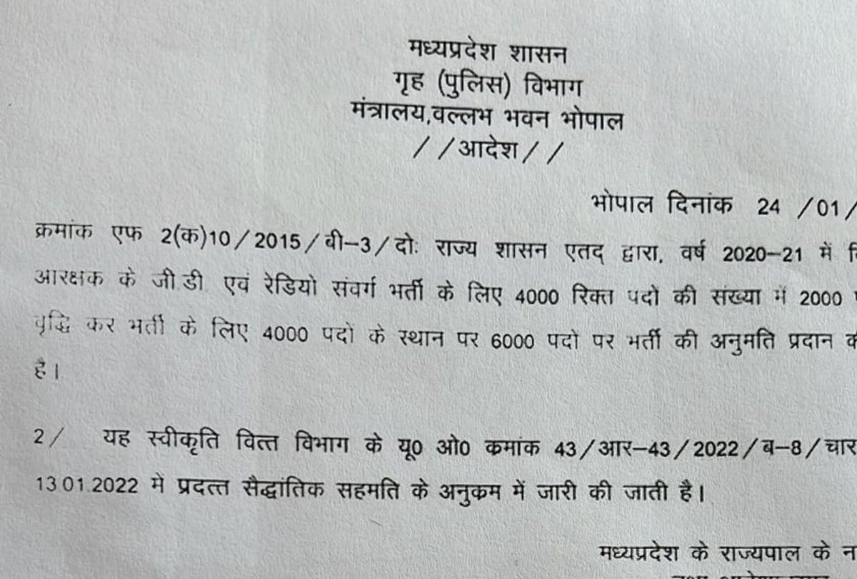 Madhya Pradesh: The number of posts in the police reservation recruitment examination has been increased to 6 thousand, the order issued by the Home Department