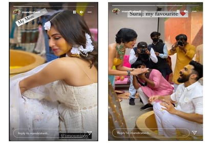 Mandira bedi attends mouni roy haldi ceremony in goa see photos