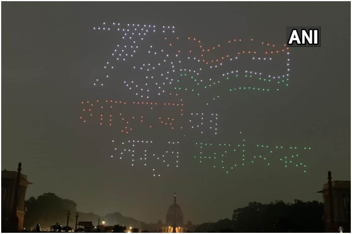 1000 Made in India drones make different formations as part of the Beating Retreat ceremony at Vijay Chowk 