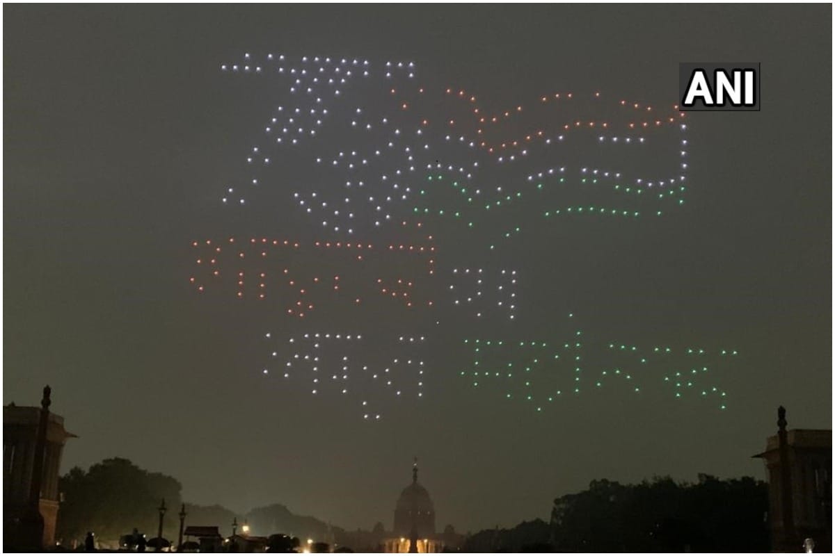 1000 Made in India drones make different formations as part of the Beating Retreat ceremony at Vijay Chowk 