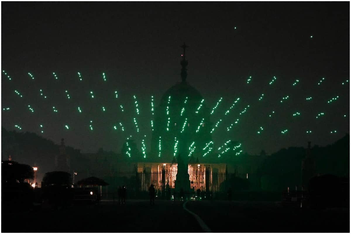 1000 Made in India drones make different formations as part of the Beating Retreat ceremony at Vijay Chowk 