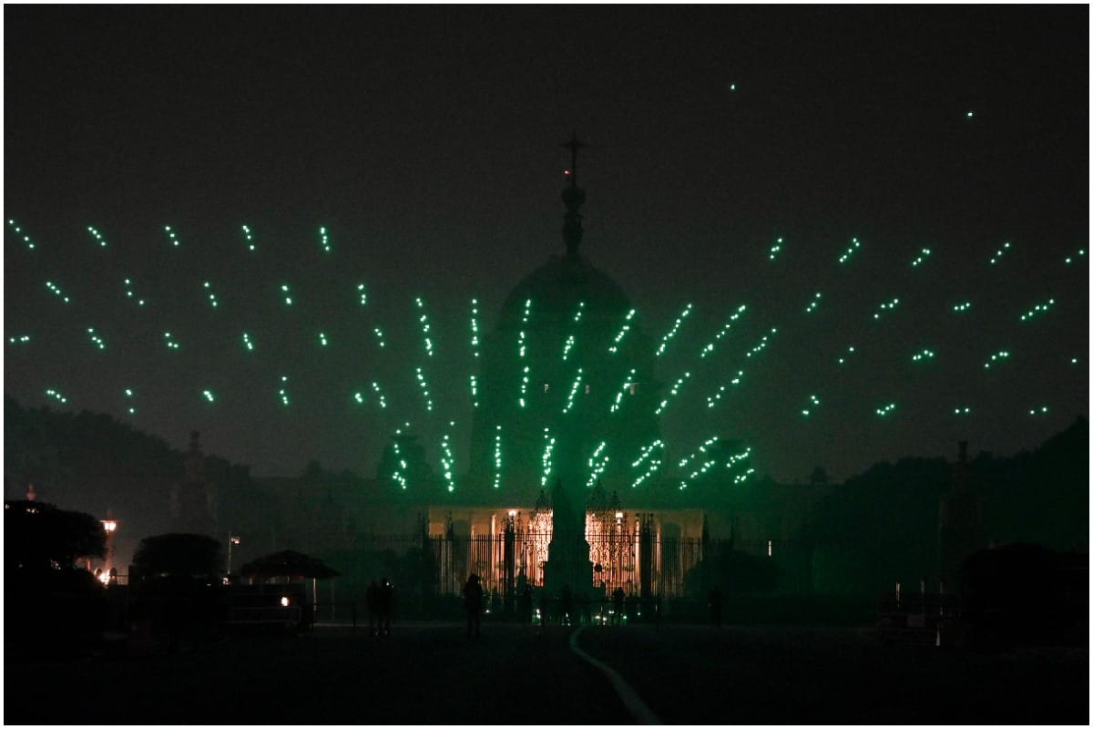 1000 Made in India drones make different formations as part of the Beating Retreat ceremony at Vijay Chowk 
