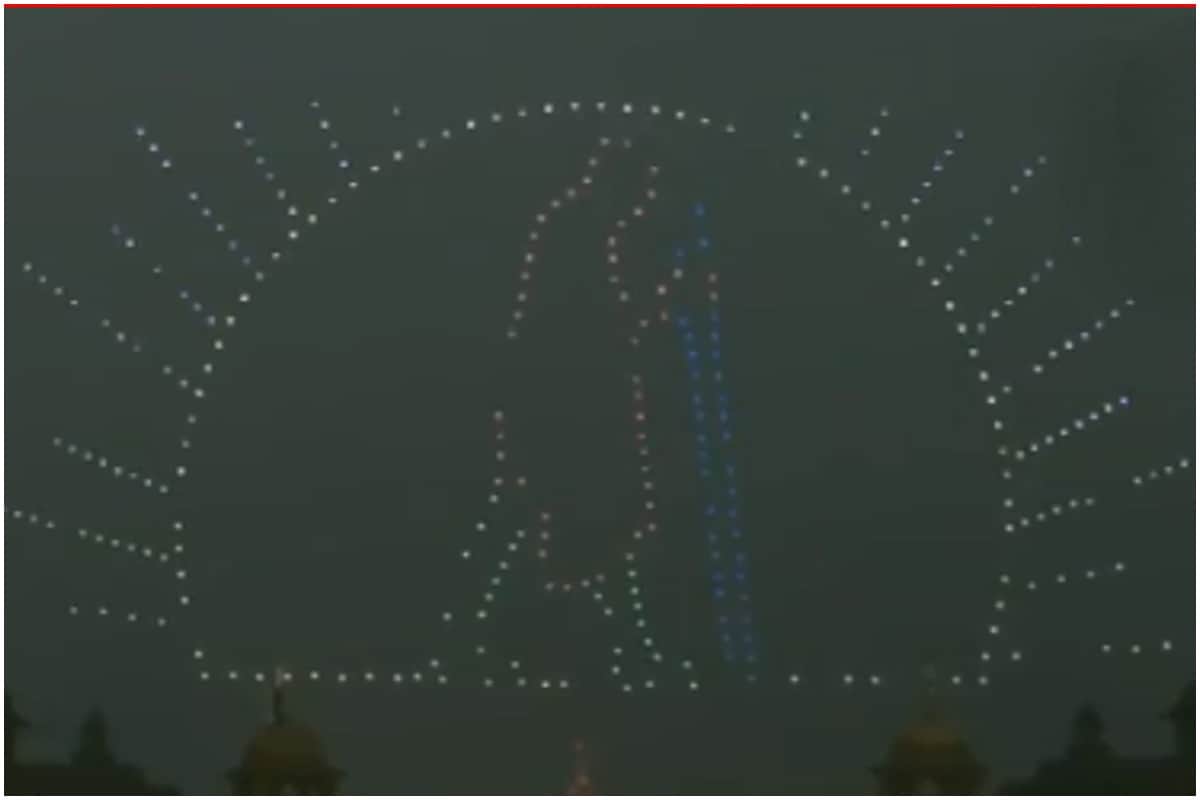 1000 Made in India drones make different formations as part of the Beating Retreat ceremony at Vijay Chowk 