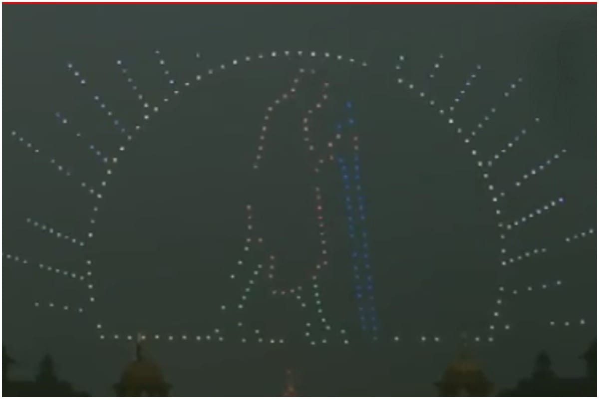 1000 Made in India drones make different formations as part of the Beating Retreat ceremony at Vijay Chowk 