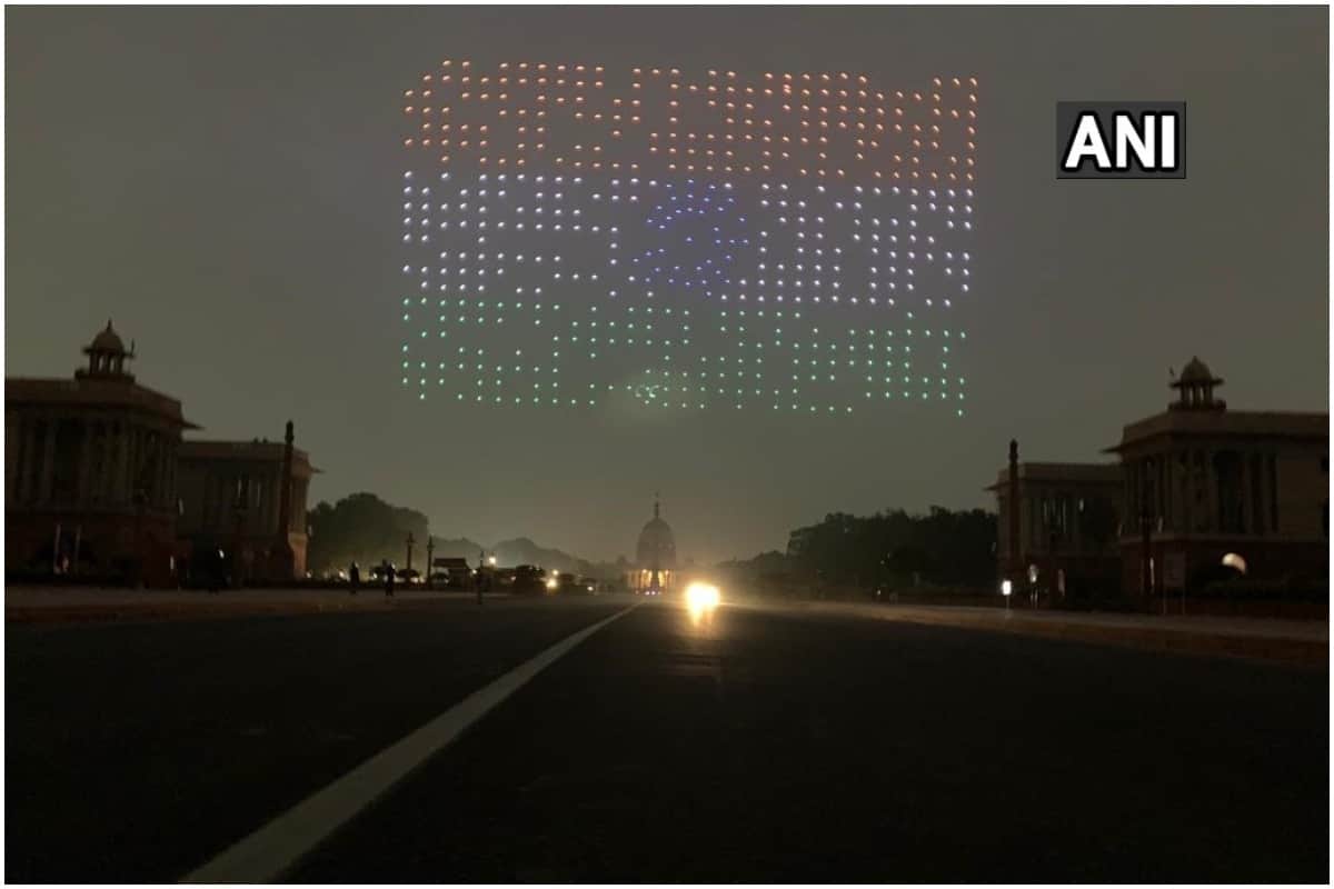 1000 Made in India drones make different formations as part of the Beating Retreat ceremony at Vijay Chowk 
