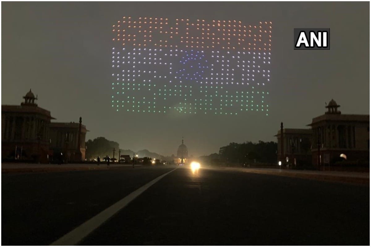 1000 Made in India drones make different formations as part of the Beating Retreat ceremony at Vijay Chowk 