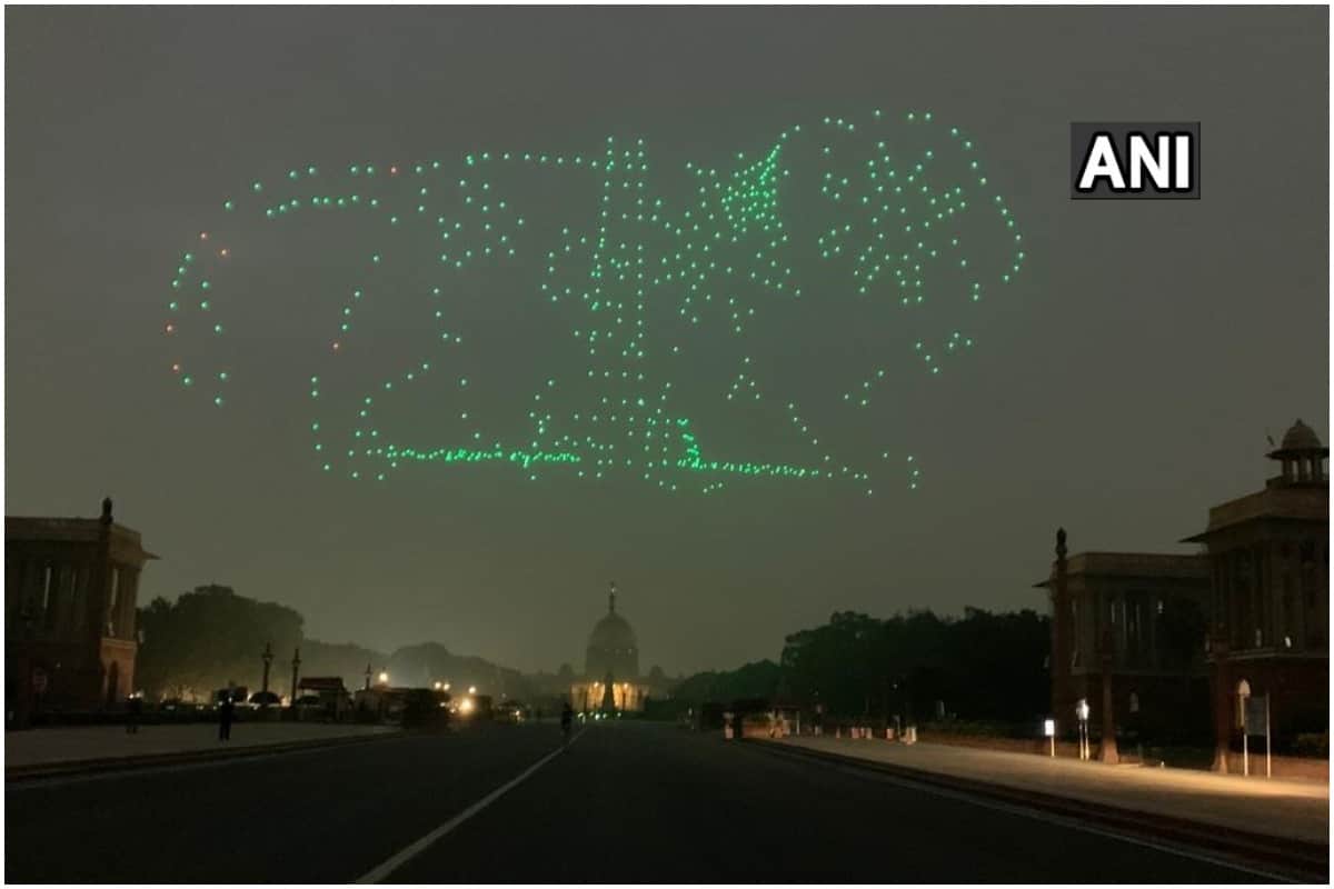 1000 Made in India drones make different formations as part of the Beating Retreat ceremony at Vijay Chowk 