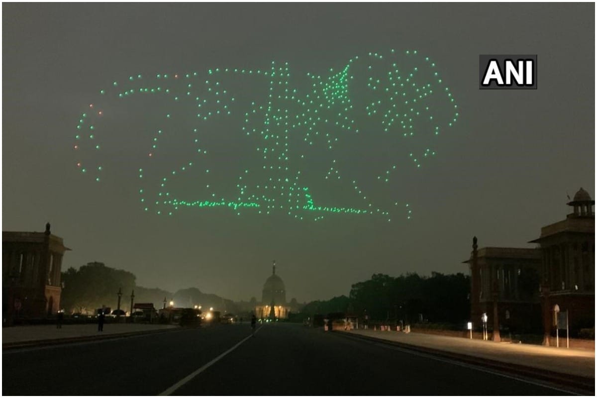 1000 Made in India drones make different formations as part of the Beating Retreat ceremony at Vijay Chowk 