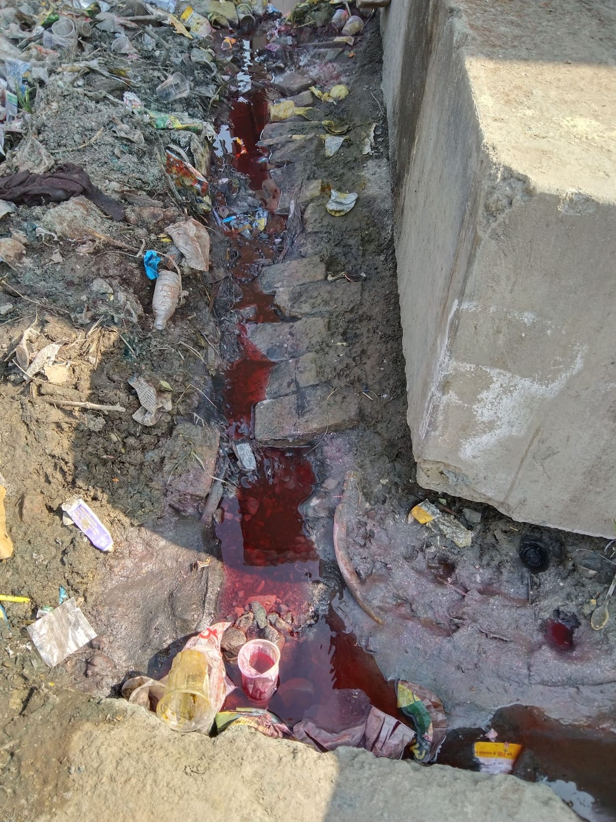 Printing in factories, colored water flowing in drains