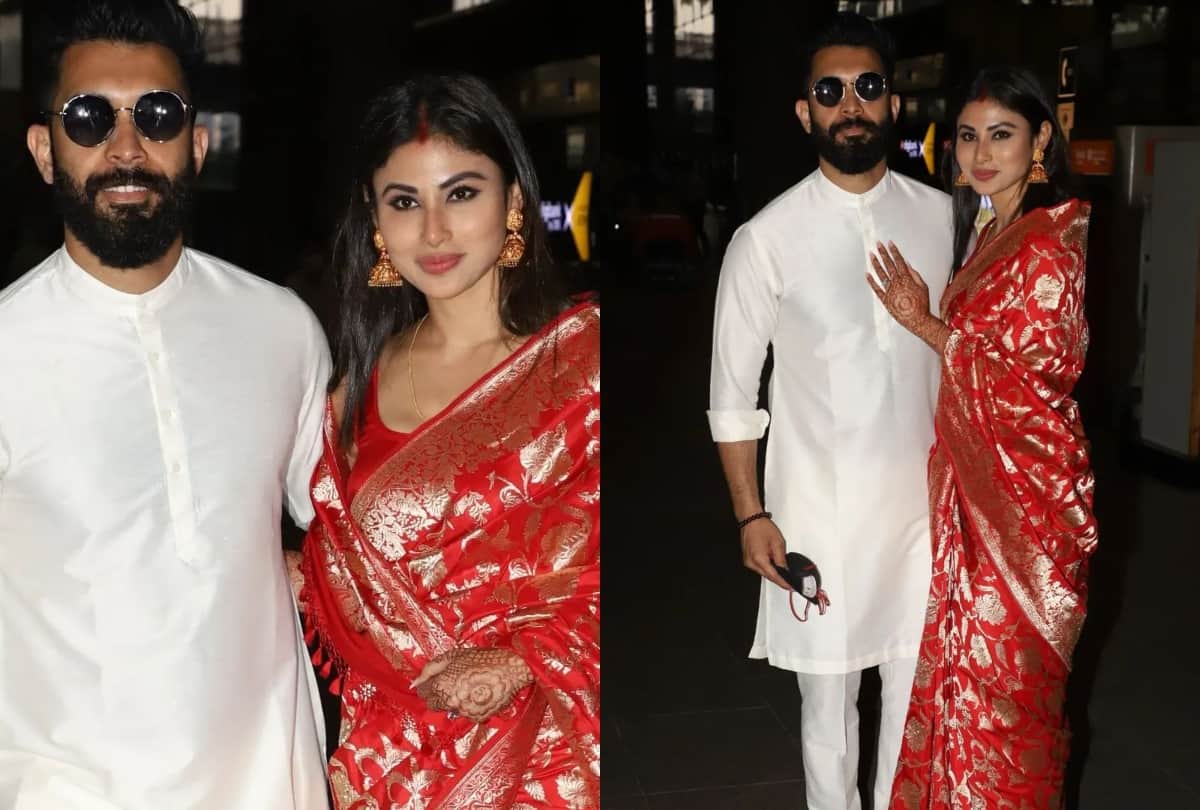 mouni roy suraj nambiyar after marriage airport look in red banarasi saree