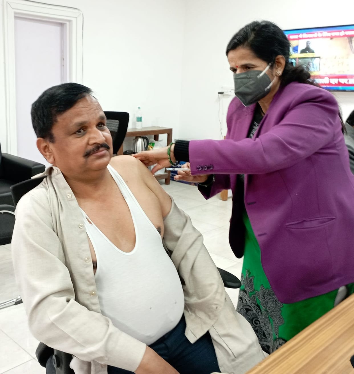 Booster dose given to health worker.