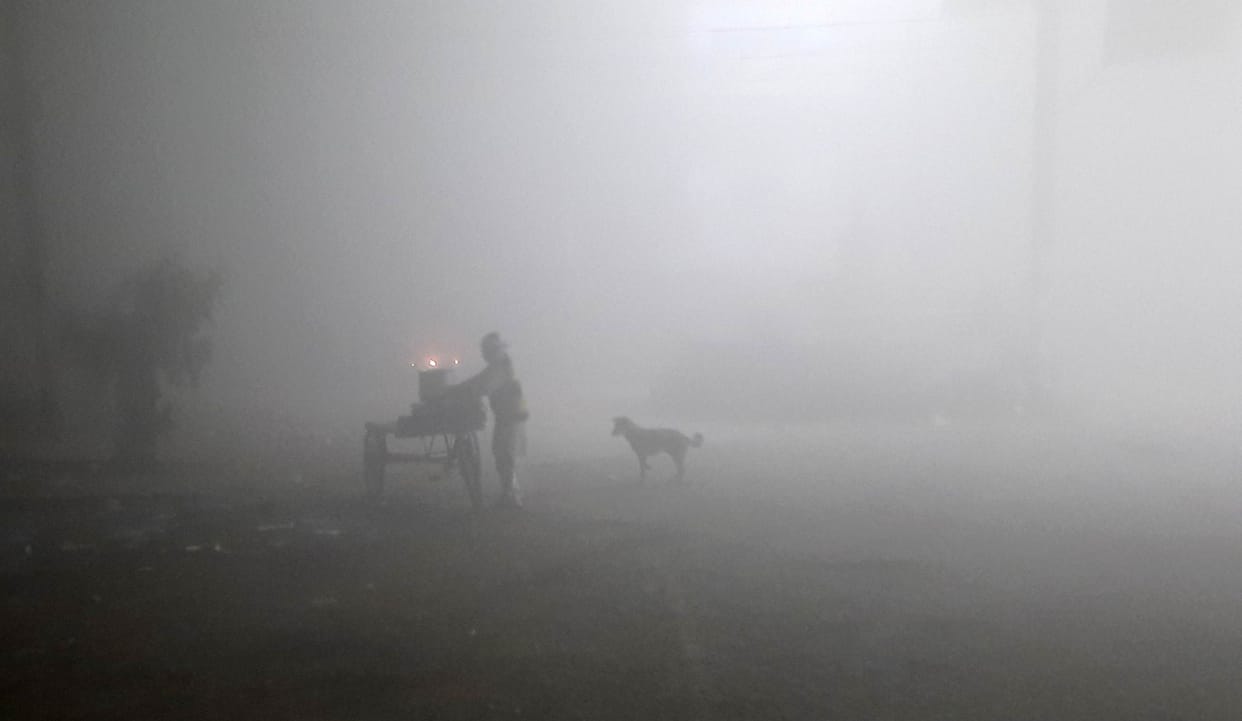 Morning with fog, relief from melting after sun rise