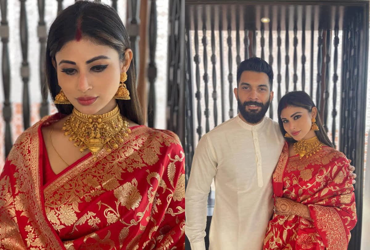 mouni roy red banarasi saree post wedding with suraj nambiyar