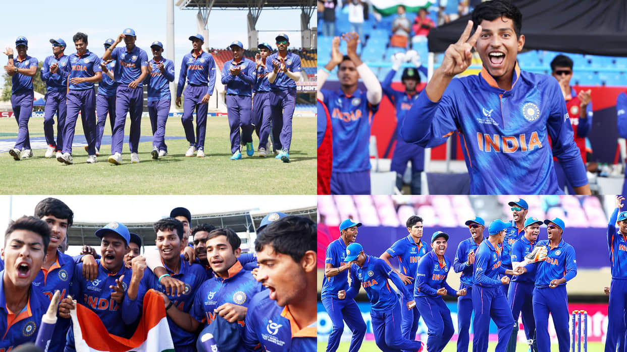 India vs England Under19 World Cup Final Photos, Winning Moments Photos, Yash Dhull Raj Bawa Nishant Sindhu Ravi Kumar Team India Photos U19 World Cup trophy