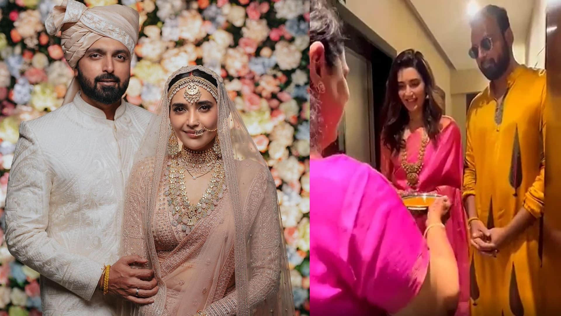 karishma tanna post wedding rituals in pink silk saree for griha pravesh
