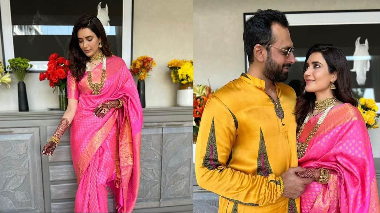 karishma tanna post wedding rituals in pink silk saree for griha pravesh