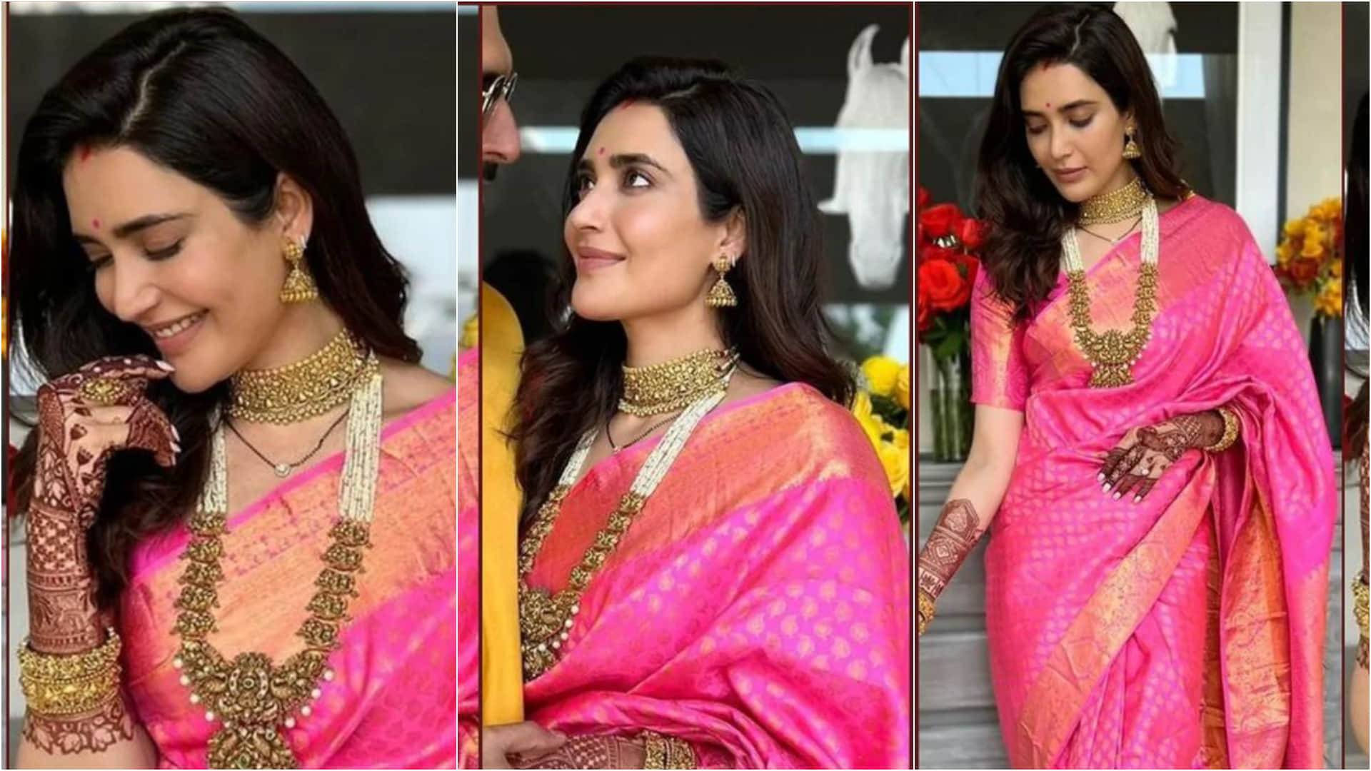 karishma tanna post wedding rituals in pink silk saree for griha pravesh