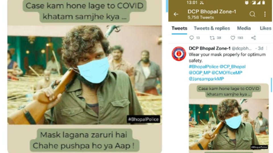 Bhopal Police's new style: shared a photo of a scene of Pushpa movie, wrote that if the cases start decreasing, then will Kovid understand that…
