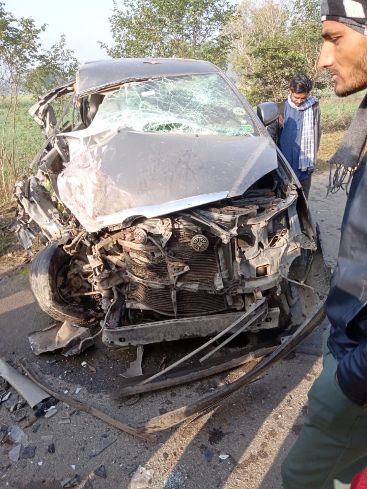 Car collided with roadways bus in fog, two injured