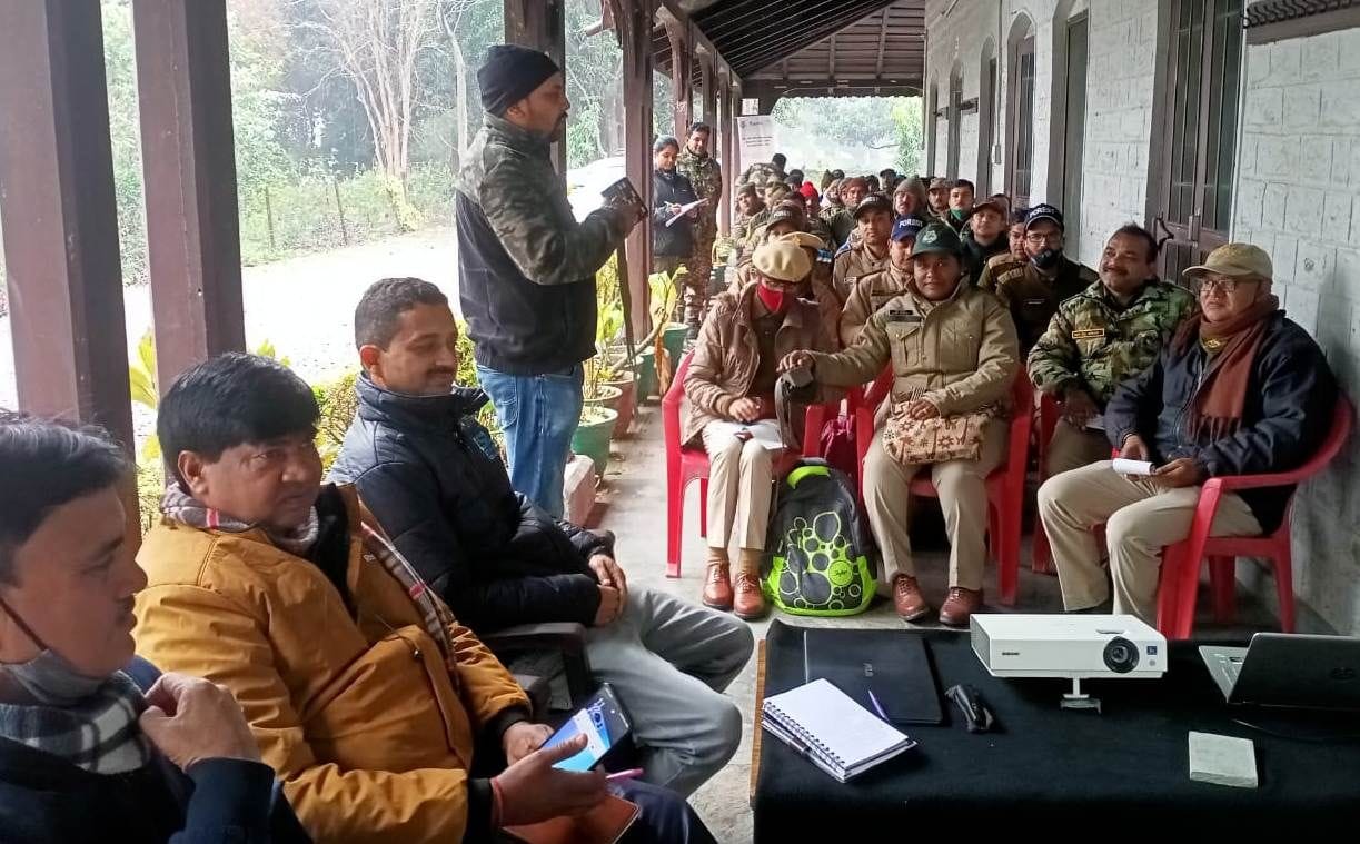 Forest workers are taking calculations and information about equipment