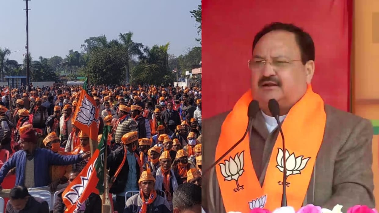 BJP Chief J P Nadda addresses a rally in Biswan in Sitapur.