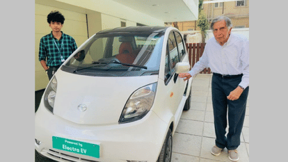 Ratan Tata with Tata Nano Electric Car