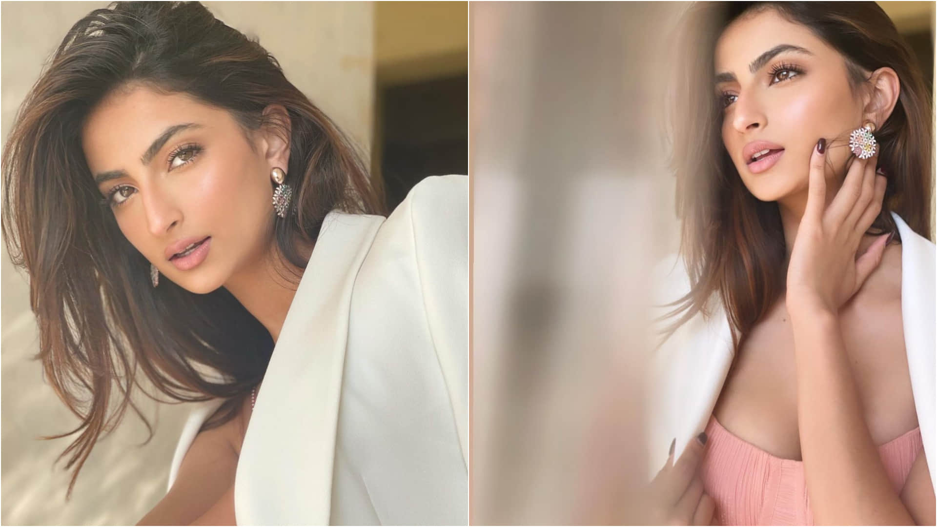 palak tiwari latest photoshoot in peach ruched dress with beautiful earrings