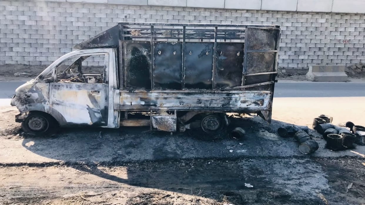 Fire in a paint loaded pickup due to short circuit driver saved his life by jumping loss of lakh money destroy