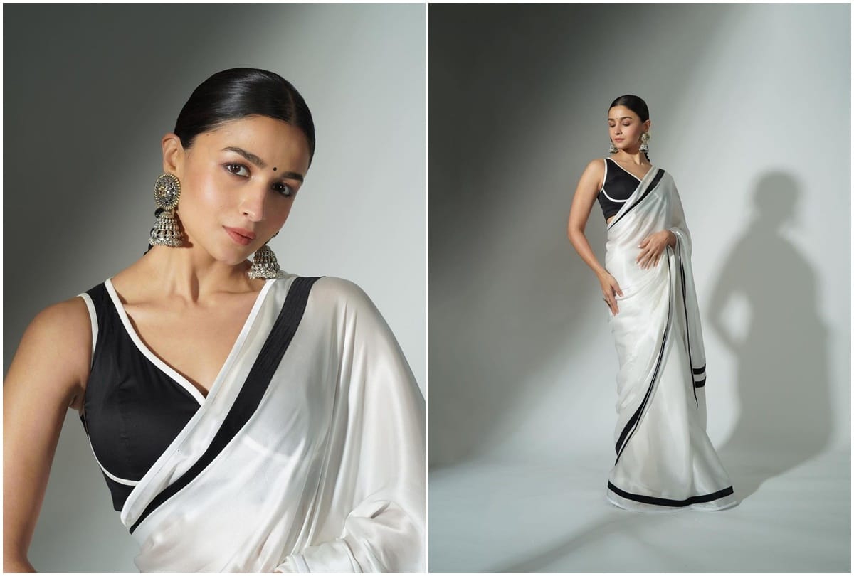 Alia Bhatt shared her photos wearing a white saree with roses in her hair fans loves the traditional look of the actress