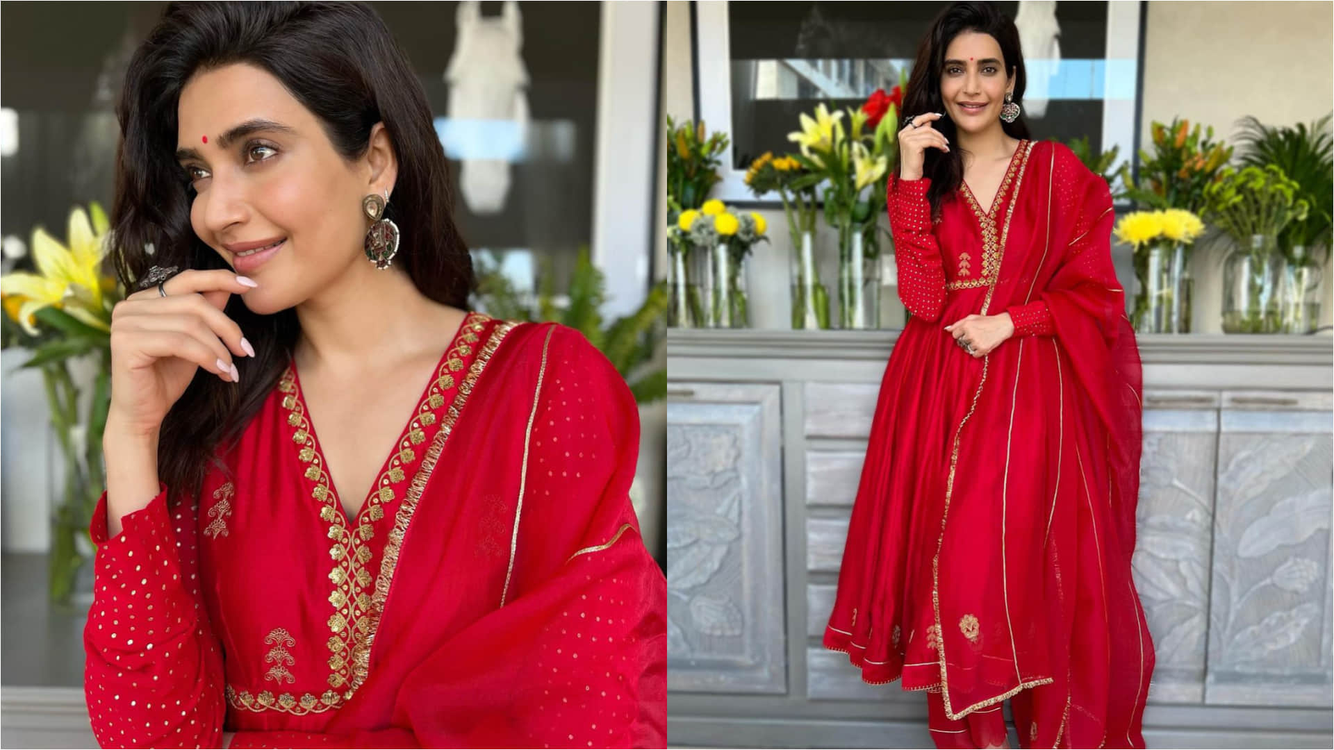 karishma tanna red anarkali kurta after marriage look stunning