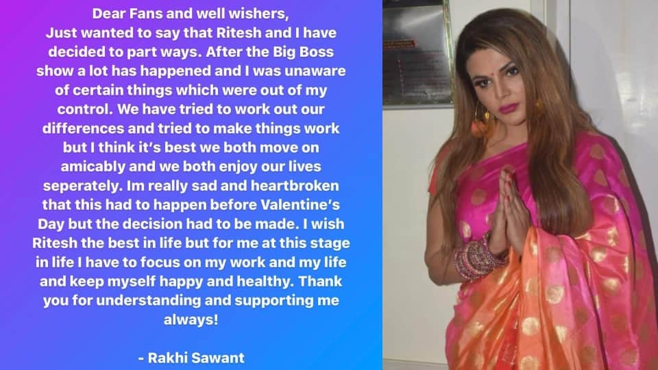 Rakhi Sawant announced separation from husband Ritesh shared the post and explained the reason
