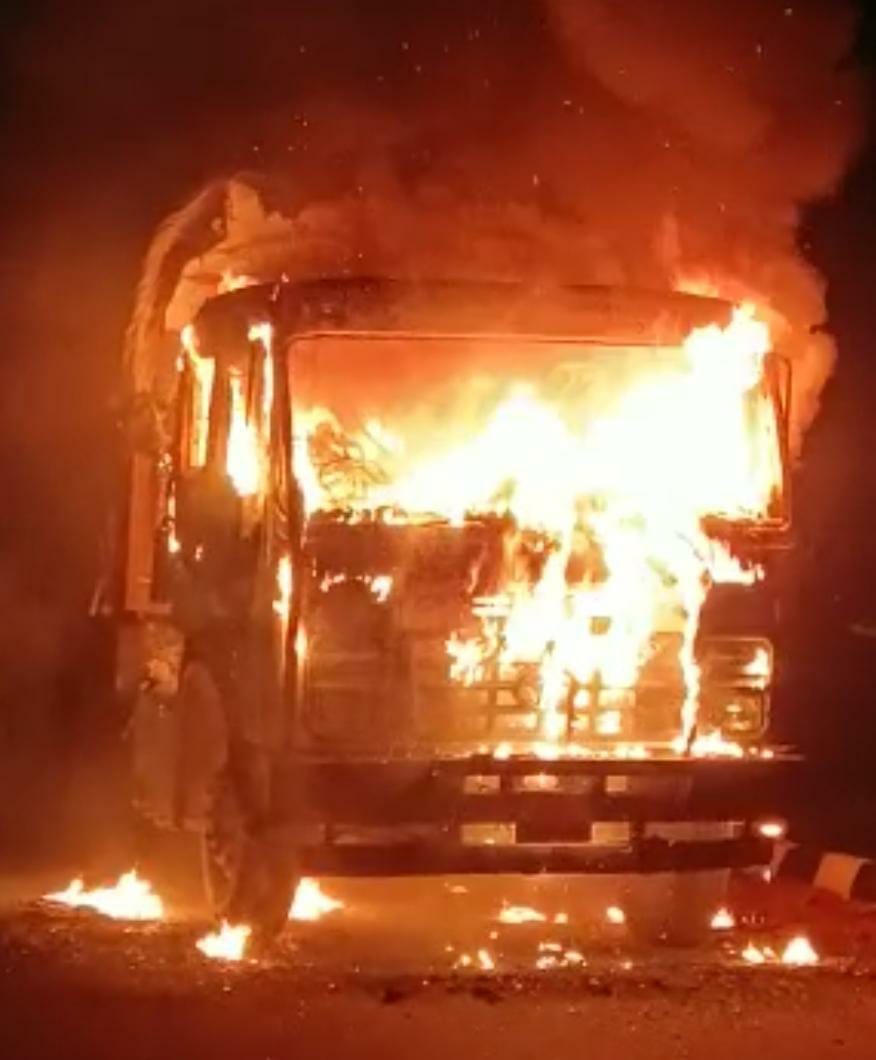 The truck parked on the service road was burnt to ashes