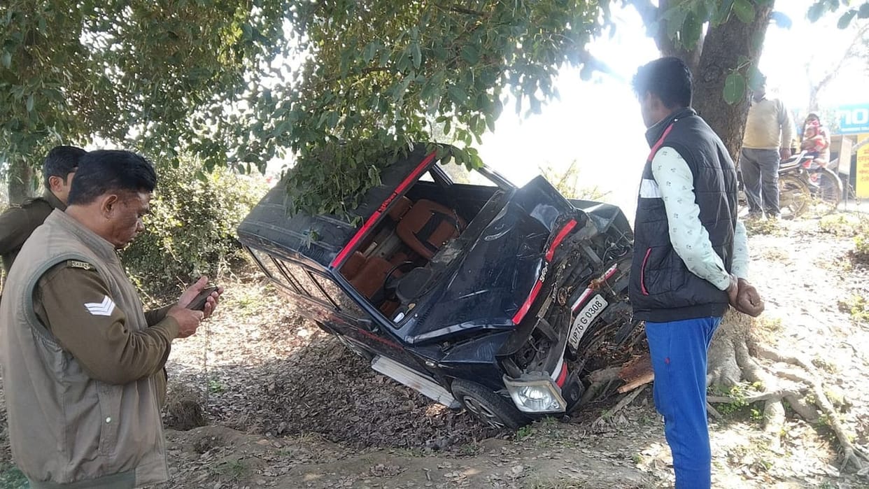Car overturned after colliding with cattle, four injured including inspector