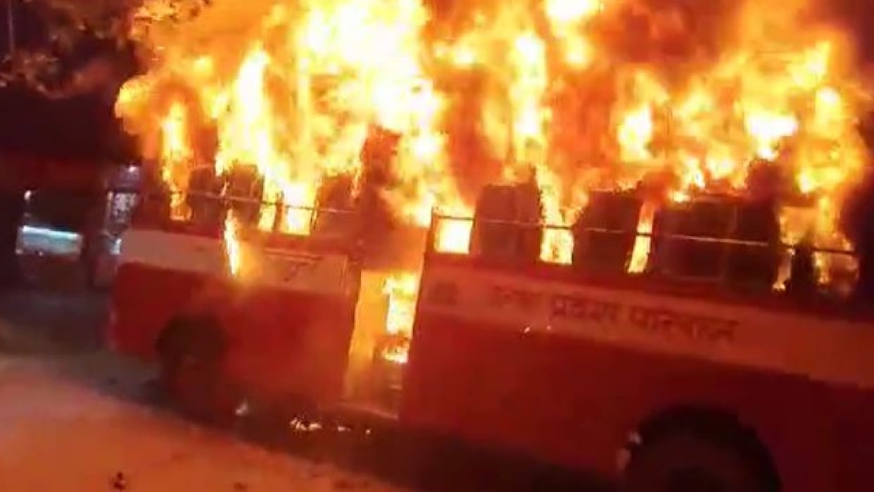 roadways bus caught fire on bus stand in mathura