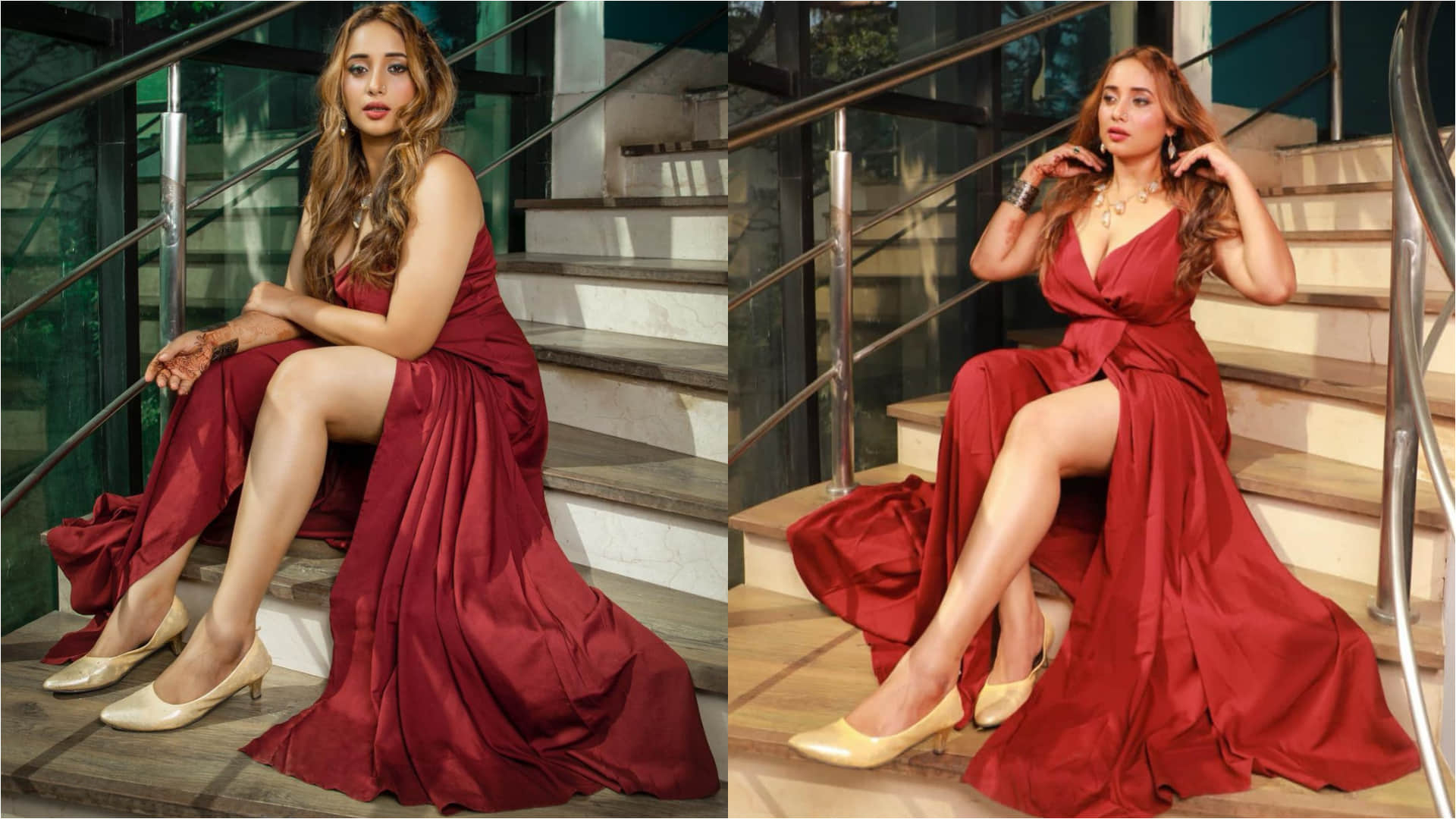 bhojpuri actress rani chatterjee bold photoshoot in red thigh high slit gown