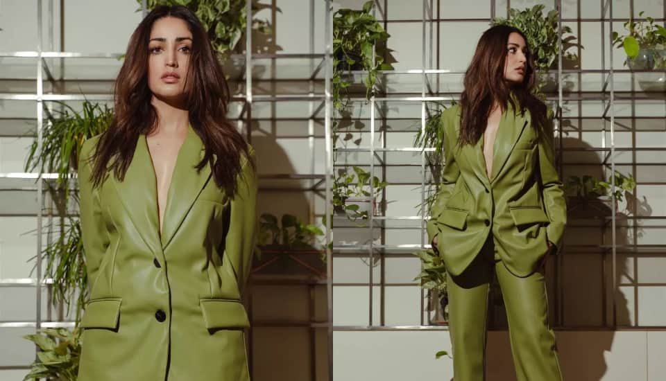 Yami Gautam wore a green oversized coat and pants for the promotion of her film A Thursday
