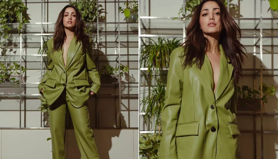 Yami Gautam wore a green oversized coat and pants for the promotion of her film A Thursday